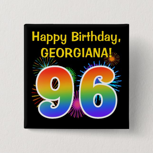 Badge Carré 5 Cm Fun Fireworks + Rainbow Motif "96" Anniversaire # (Devant)