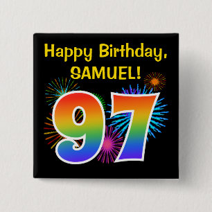 Badge Carré 5 Cm Fun Fireworks + Rainbow Motif "97" Anniversaire #