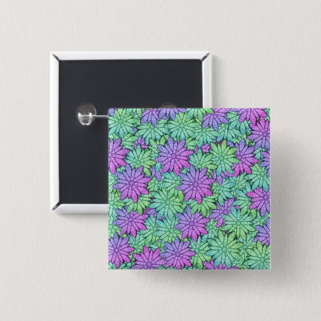 Badge Carré 5 Cm Fun Purple et Fleurs vertes (Devant & derrière)