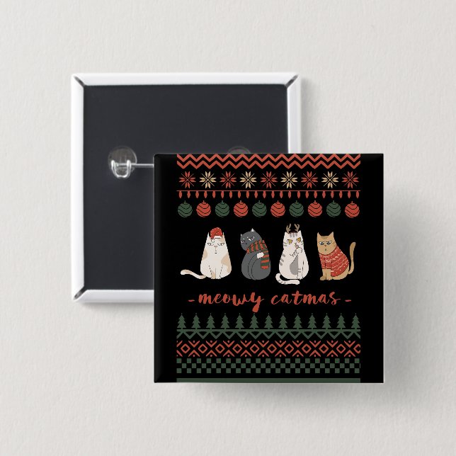 Badge Carré 5 Cm Funny Chat jeu de Noël - Chat Noël (Devant & derrière)