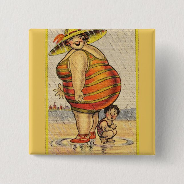 Badge Carré 5 Cm Funny Fat Lady on Beach (Devant)