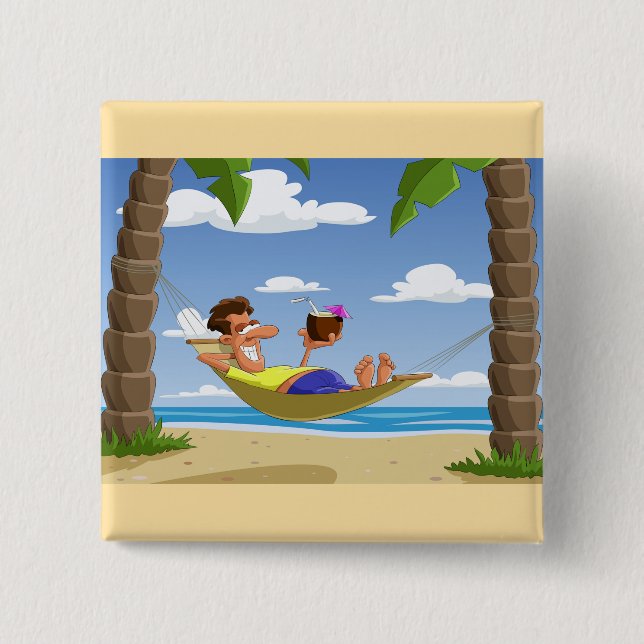 Badge Carré 5 Cm Funny Man Relaxing in Beach Hammock (Devant)