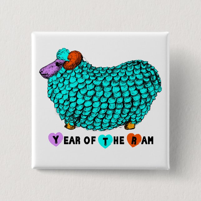 Badge Carré 5 Cm Funny Turquoise Ram Chinese Year Zodiac Square B (Devant)