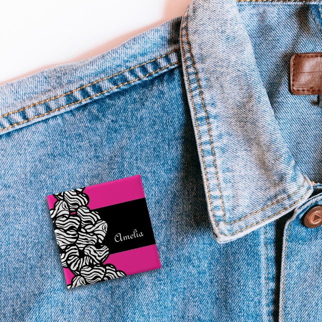 Badge Carré 5 Cm Fuschia rose noir blanc zèbre motif nom du coeur (Créateur téléchargé)
