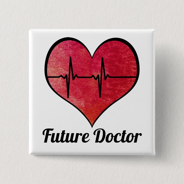 Badge Carré 5 Cm Futur docteur - coeur rouge de l'aquarelle ECG (Devant)