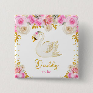 Badge Carré 5 Cm Futur Papa Roses Roses Fuschia et Or
