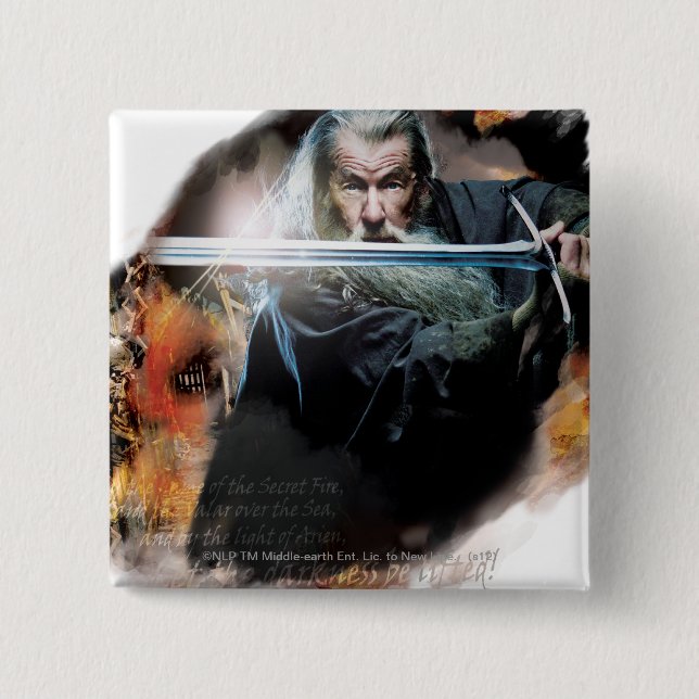 Badge Carré 5 Cm Gandalf Avec Épée Au Combat (Devant)