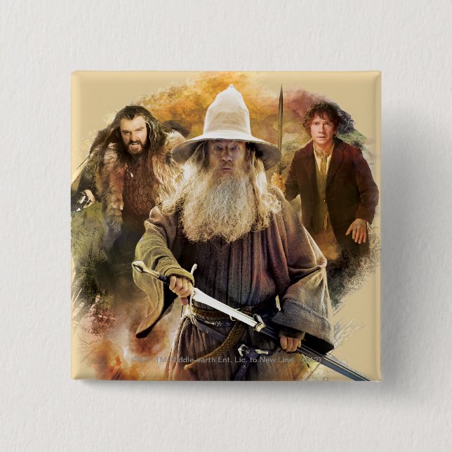 Badge Carré 5 Cm Gandalf, THORIN OAKENSHIELD™, & BILBO BAGGINS™ (Devant)