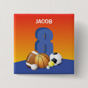 Badge Carré 5 Cm Garçon 8 Anniversaire Sports Balls