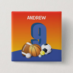 Badge Carré 5 Cm Garçon 9e Anniversaire Sports Balls