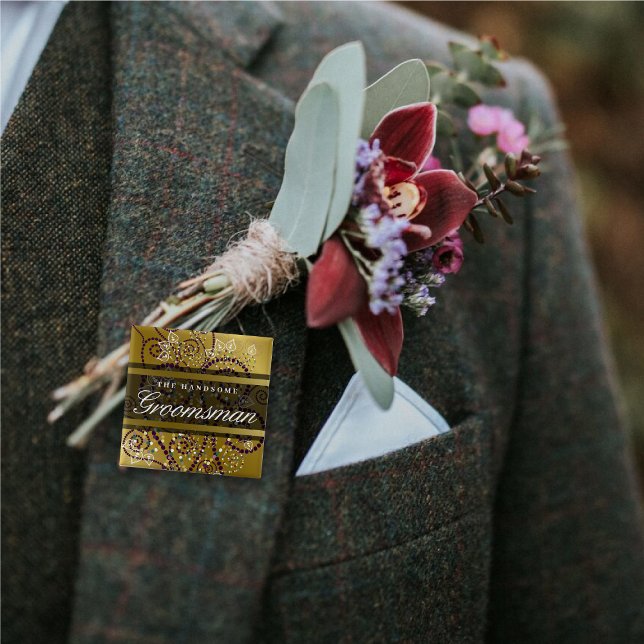 Badge Carré 5 Cm GARÇON D'HONNEUR Spirales violettes Boho Or Bouton (GROOMSMAN Boho Purple Spiral Dots Stylish Gold Wedding Party Pinback Button @ fat_fa_tin)