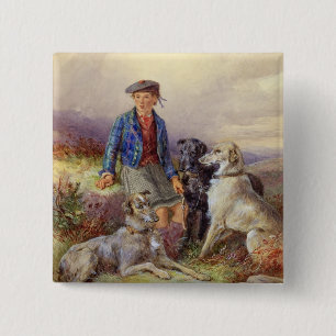 Badge Carré 5 Cm Garçon écossais avec des chiens-loup dans un