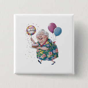 Badge Carré 5 Cm Gâteau et ballon drôle de grand-mère pour annivers