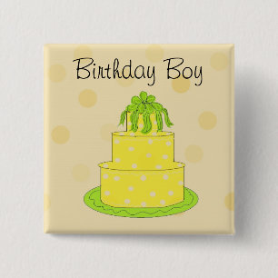 Badge Carré 5 Cm Gâteau Jaune pour Garçons d'Anniversaire