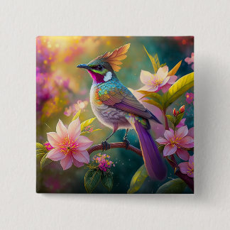 Badge Carré 5 Cm Geai arc-en-ciel à crête orange, oiseau de fantais