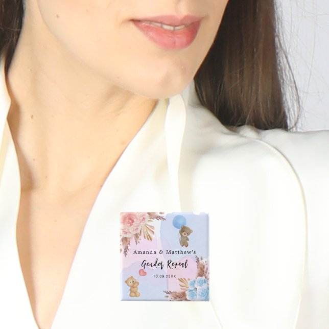 Badge Carré 5 Cm Genre révéler la fête pampas tedbear bleu rose (Créateur téléchargé)