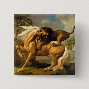 Badge Carré 5 Cm George Stubbs un lion attaquant un cheval,