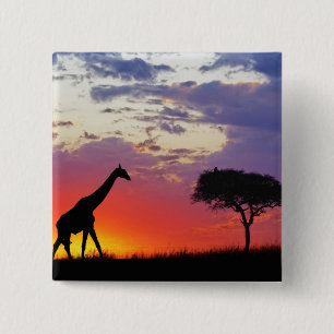 Badge Carré 5 Cm Girafe en silhouette au lever du soleil, Giraffa