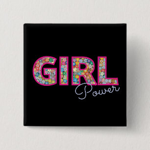 Badge Carré 5 Cm Girl Power   Fille rose belles femmes Fleurs sauva