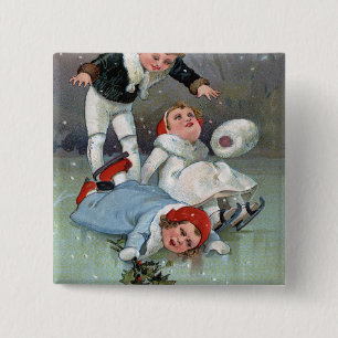 Badge Carré 5 Cm Gladness de NoëlLes enfants de patinage sur glace 