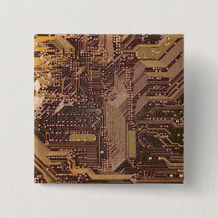 Badge Carré 5 Cm Gold Cyber Circuit Board Tech Electronique