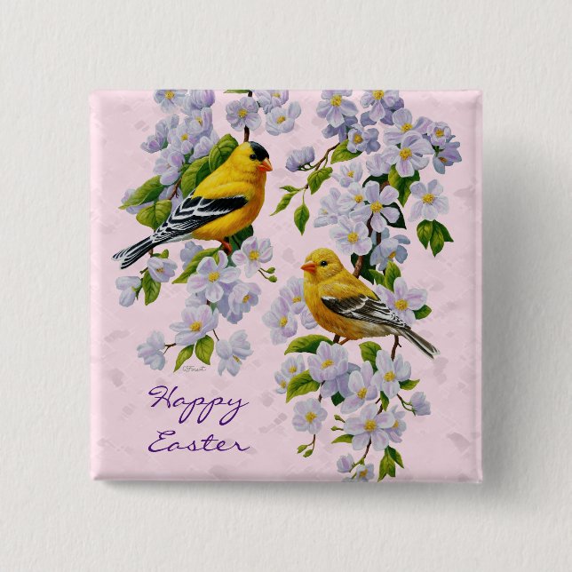 Badge Carré 5 Cm Gold Finch Birds & Apple Tree Pink (Devant)