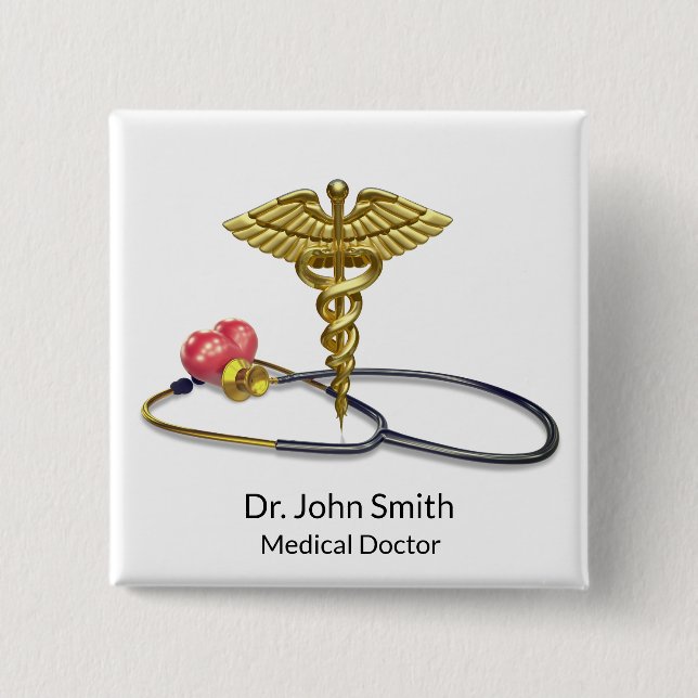 Badge Carré 5 Cm Gold Medical Caduceus & Stethoscope with Heart (Devant)