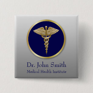 Badge Carré 5 Cm Gold Professional Caduceus Blue Medical