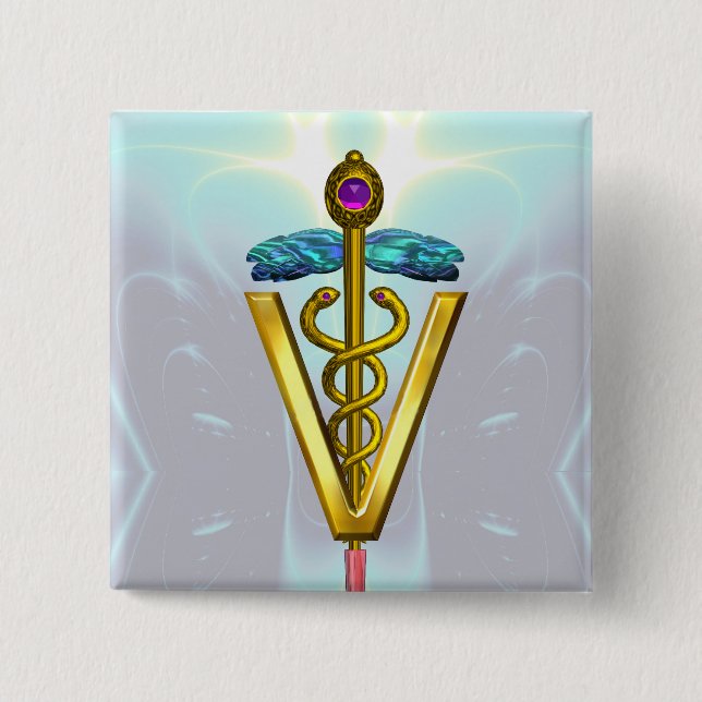 Badge Carré 5 Cm GOLDEN CADUCEUS VETERINARY SYMBOL / Teal White (Devant)
