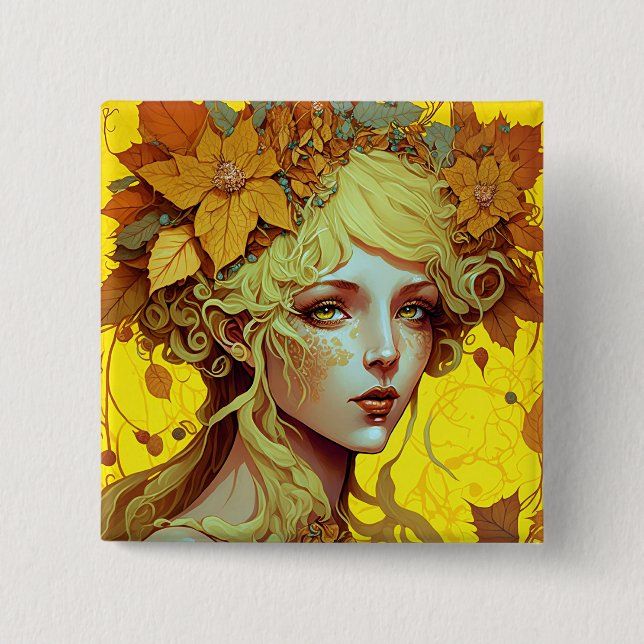 Badge Carré 5 Cm Golden Elf Fairy Fae Imaginaire Art (Devant)