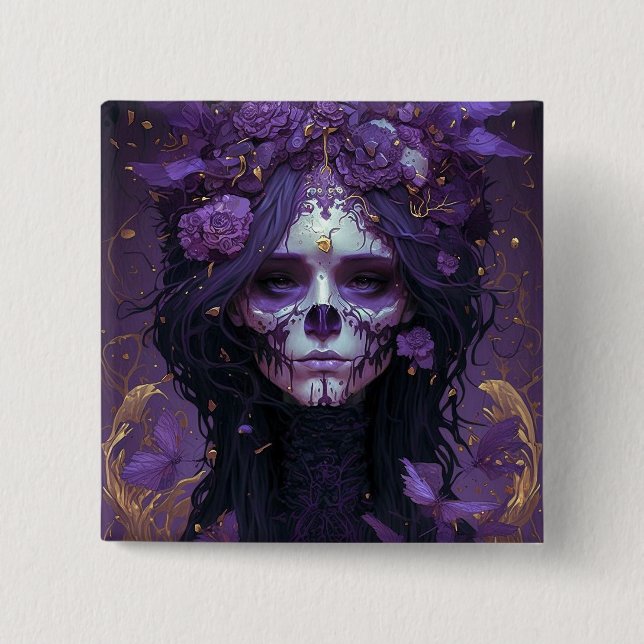 Badge Carré 5 Cm Goth Skull Woman Dark Imaginaire Art (Devant)