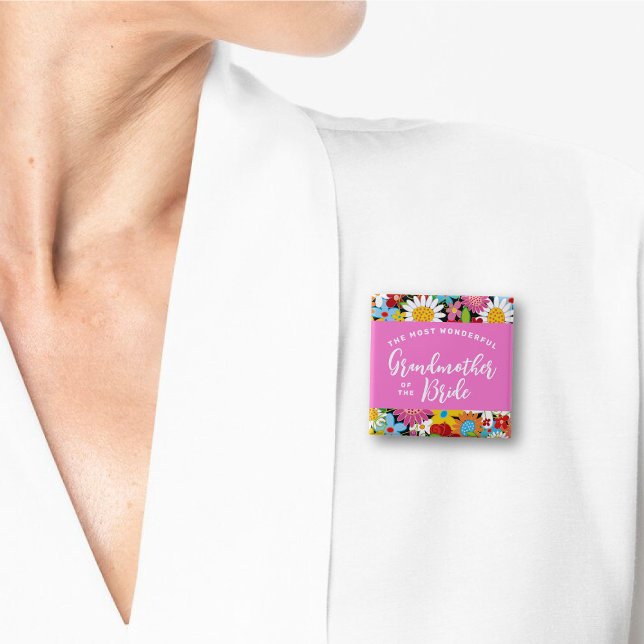Badge Carré 5 Cm GRAND-MÈRE DE LA BRIDE Fleurs de printemps Mariage (GRANDMA / GRANDMOTHER OF THE BRIDE Colorful Spring Flowers Garden Wedding Pin Button @ fat_fa_tin)