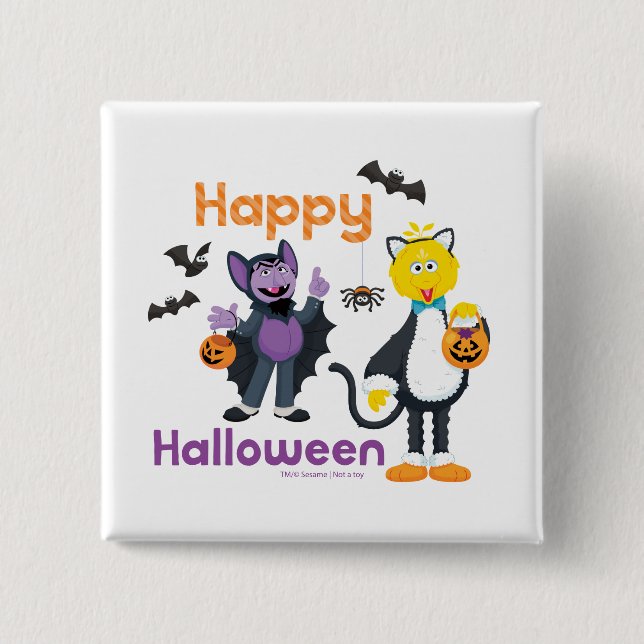 Badge Carré 5 Cm Grand oiseau et nombre | Joyeux Halloween (Devant)