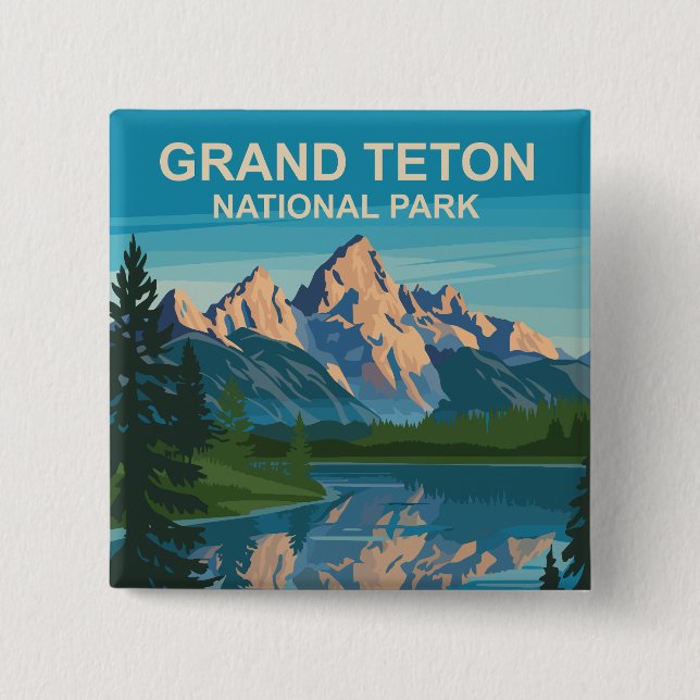 Badge Carré 5 Cm Grand Teton National Park Paysage Art de Voyage (Devant)