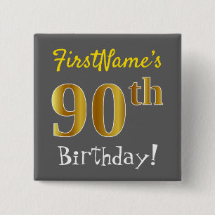 Badge Carré 5 Cm Gray, Faux Gold 90th Birthday, With Custom Name