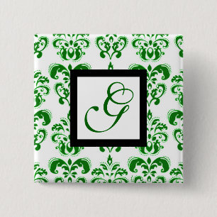 BADGE CARRÉ 5 CM GREEN WHITE DAMASK BLACK SQUARE MONOGRAM