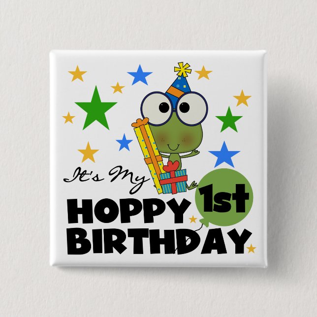 Badge Carré 5 Cm Grenouille Hoppy 1er Anniversaire T-shirts et cade (Devant)