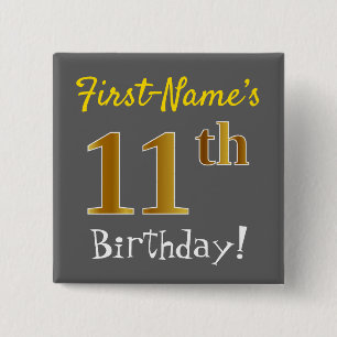 Badge Carré 5 Cm Grey, Faux Gold 11e Anniversaire, Avec Nom Personn