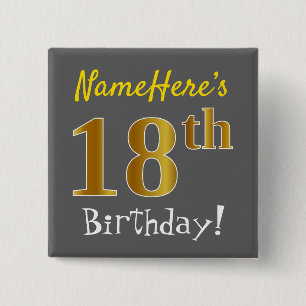 Badge Carré 5 Cm Grey, Faux Gold 18e Anniversaire, Avec Nom Personn