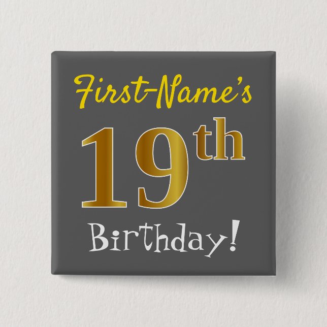 Badge Carré 5 Cm Grey, Faux Gold 19e Anniversaire, Avec Nom Personn (Devant)