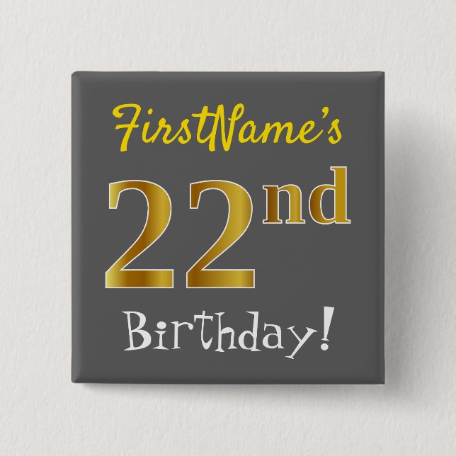 Badge Carré 5 Cm Grey, Faux Gold 22e Anniversaire, Avec Nom Personn (Devant)