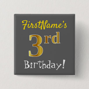 Badge Carré 5 Cm Grey, Faux Gold 3e anniversaire, avec nom personna
