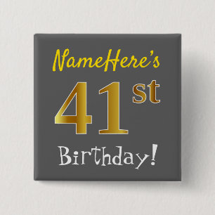 Badge Carré 5 Cm Grey, Faux Gold 41e Anniversaire, Avec Nom Personn