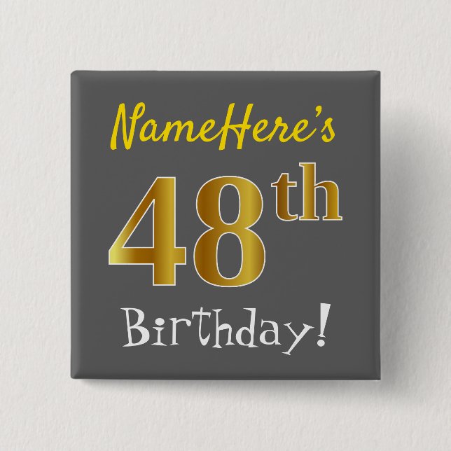 Badge Carré 5 Cm Grey, Faux Gold 48e Anniversaire, Avec Nom Personn (Devant)
