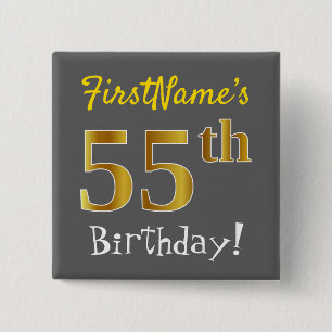 Badge Carré 5 Cm Grey, Faux Gold 55e Anniversaire, Avec Nom Personn