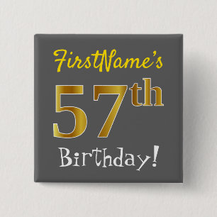 Badge Carré 5 Cm Grey, Faux Gold 57th Birthday, Avec Nom Personnali