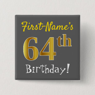 Badge Carré 5 Cm Grey, Faux Gold 64e Anniversaire, Avec Nom Personn