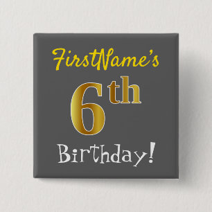 Badge Carré 5 Cm Grey, Faux Gold 6e anniversaire, avec nom personna