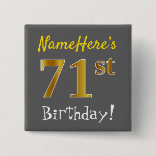 Badge Carré 5 Cm Grey, Faux Gold 71e Anniversaire, Avec Nom Personn