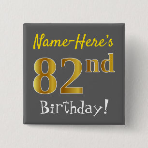 Badge Carré 5 Cm Grey, Faux Gold 82e Anniversaire, Avec Nom Personn
